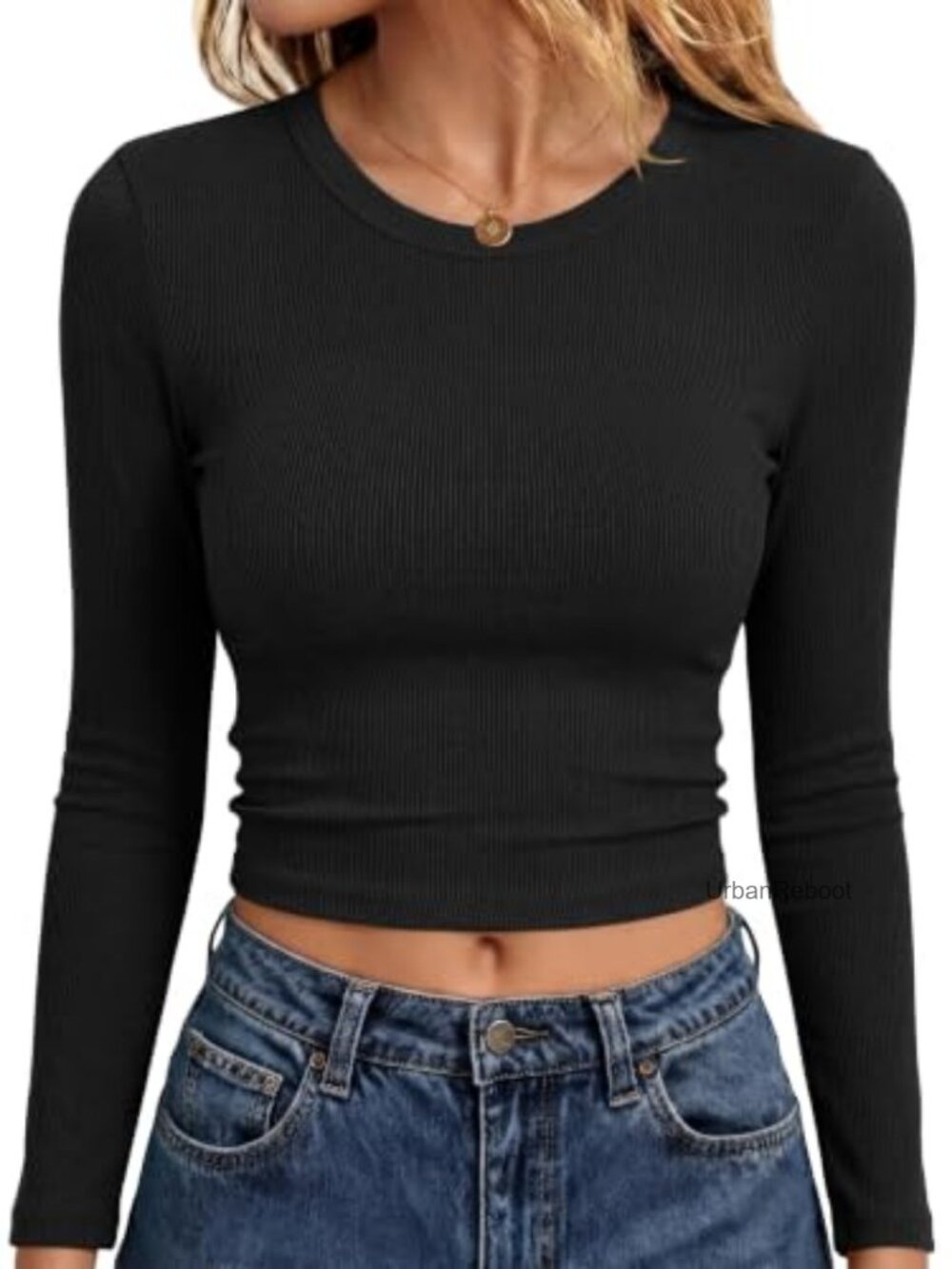 Women's Slim Fit Ribbed Long Sleeve Crop Top Crew Neck Casual T-Shirt